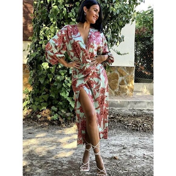 Zara Wrap Style Midi Floral Print Long Sleeves Satin - Picture 5 of 9